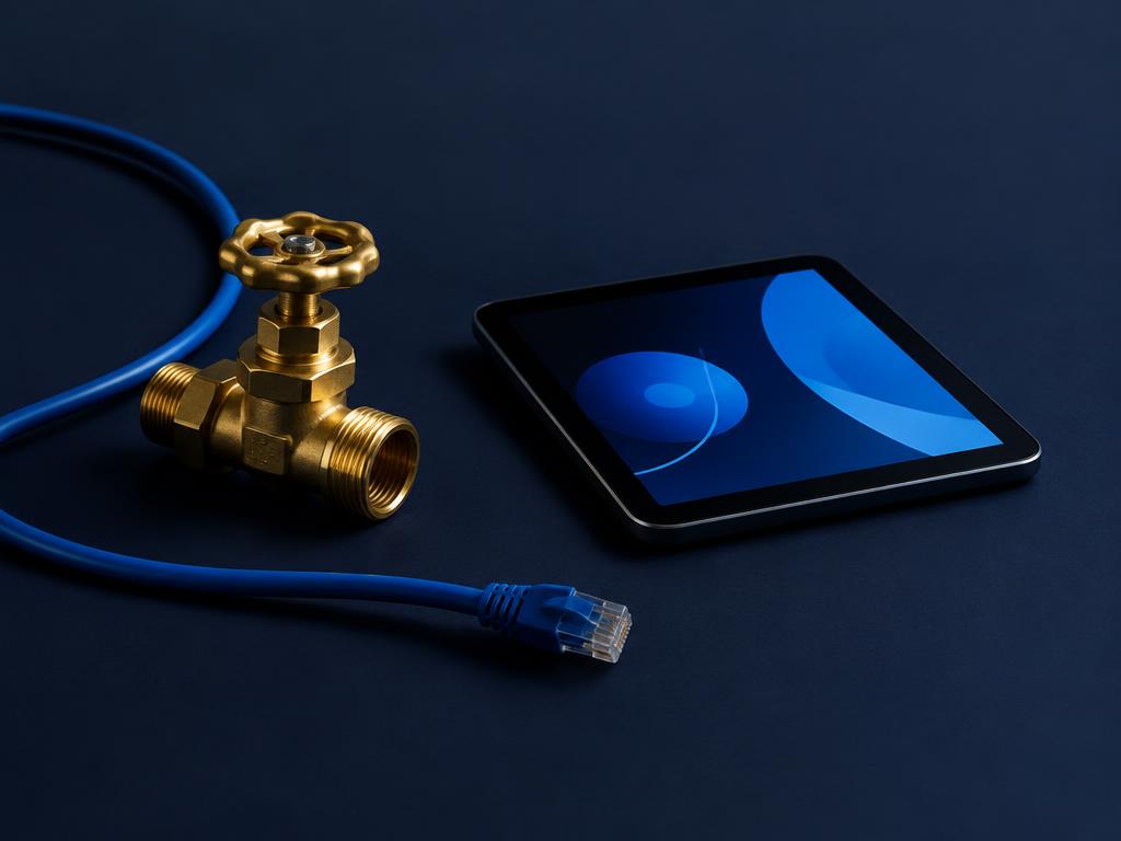 Brass valve, network cable and tablet representing TriVantage's three divisions