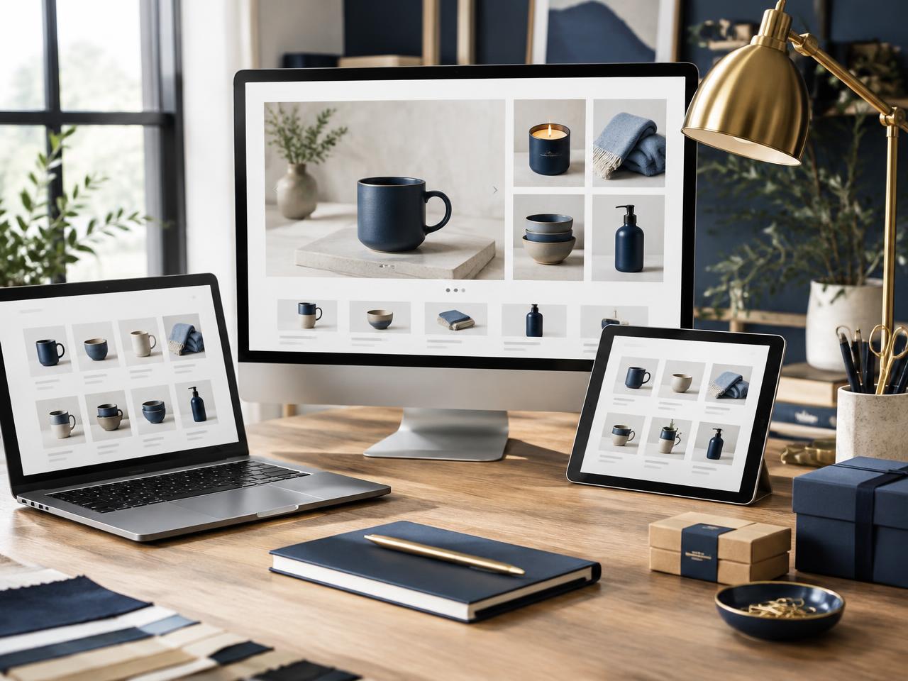 Ecommerce storefront and product catalogue on desktop, laptop and tablet