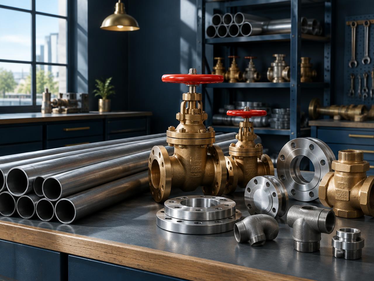 Industrial valves, steel piping and fittings ready for technical supply
