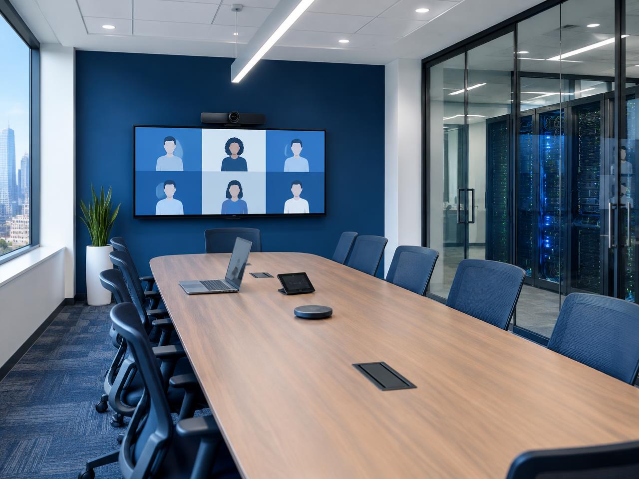 Connected meeting room with video conferencing and enterprise server infrastructure